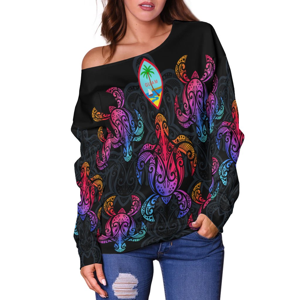 Guam Women's Off Shoulder Sweaters - Sea Turtle In Tribal Polynesian Style - Polynesian Pride