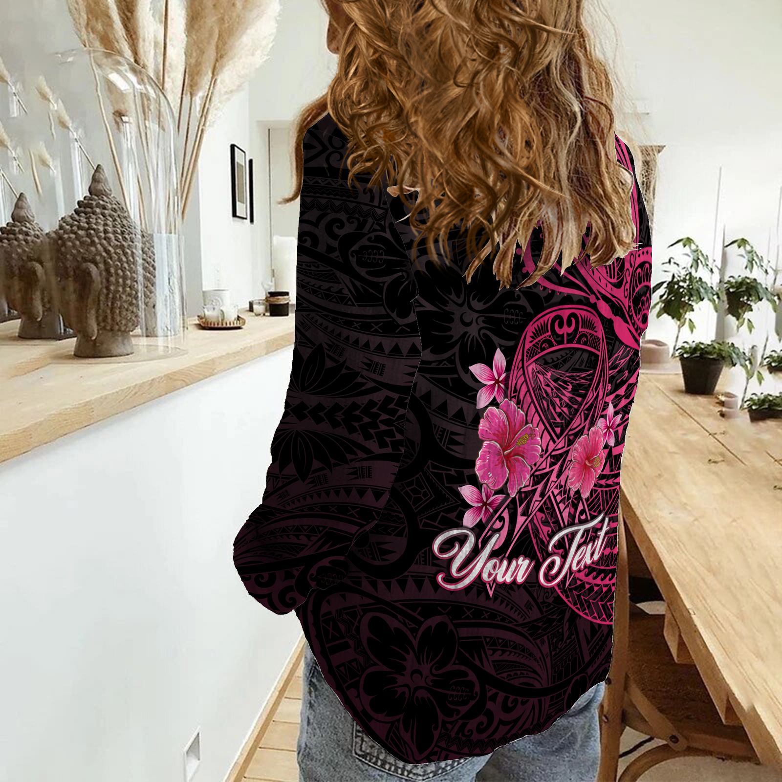 (Custom Personalised) Breast Cancer Pink Ribbon Butterfly Polynesian Black Version Women Casual Shirt - LT12 Female Black - Polynesian Pride