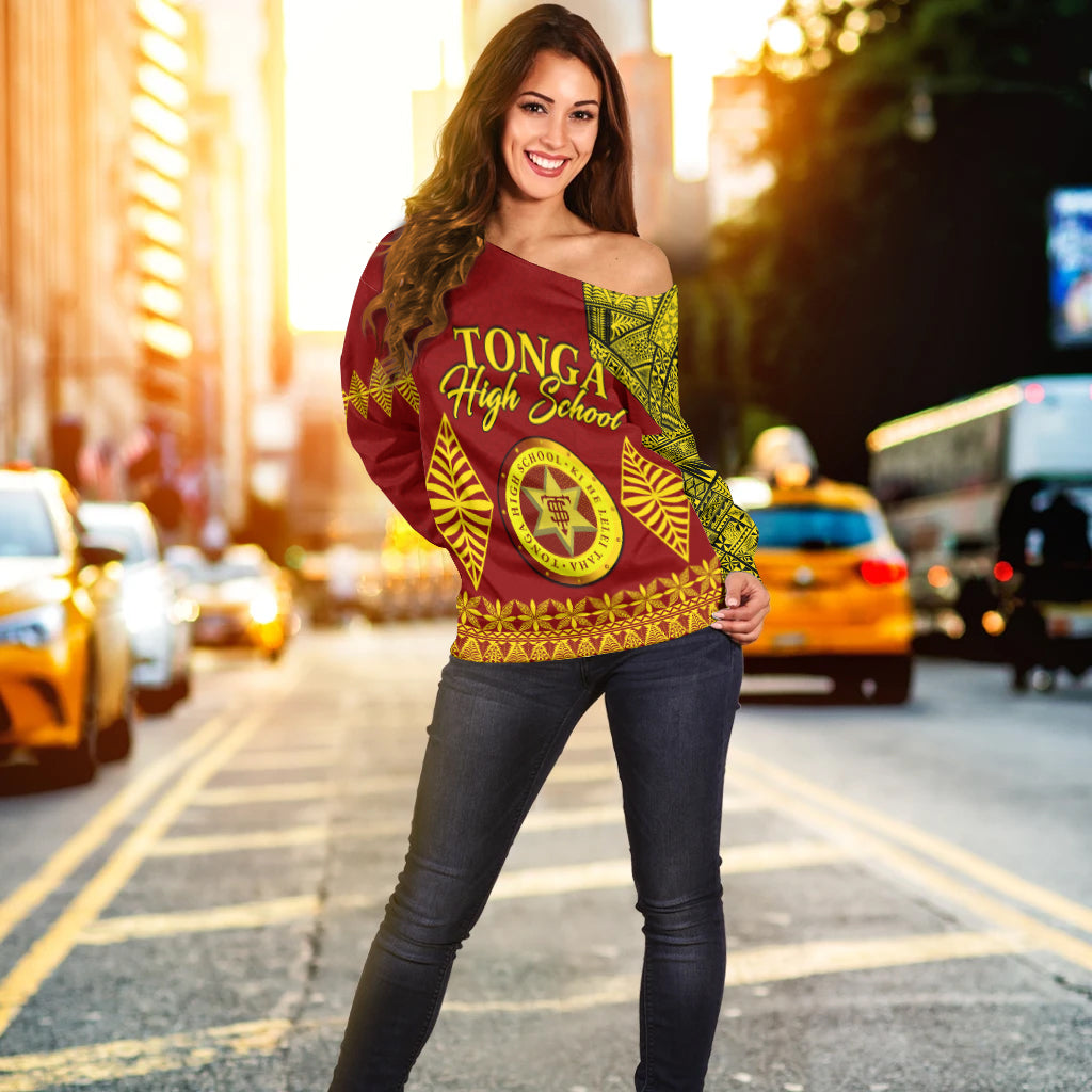 (Custom Personalised) Tonga High School Off Shoulder Sweater Tongan Ngatu LT13 - Polynesian Pride