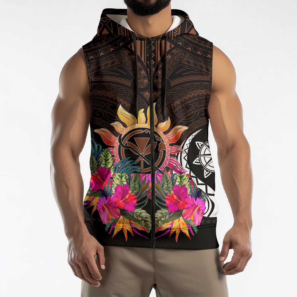 Polynesian Sleeveless Hoodie Hawaii Kanaka Maoli & Hibiscus Flowers With Polynesian Patterns - Polynesian Pride