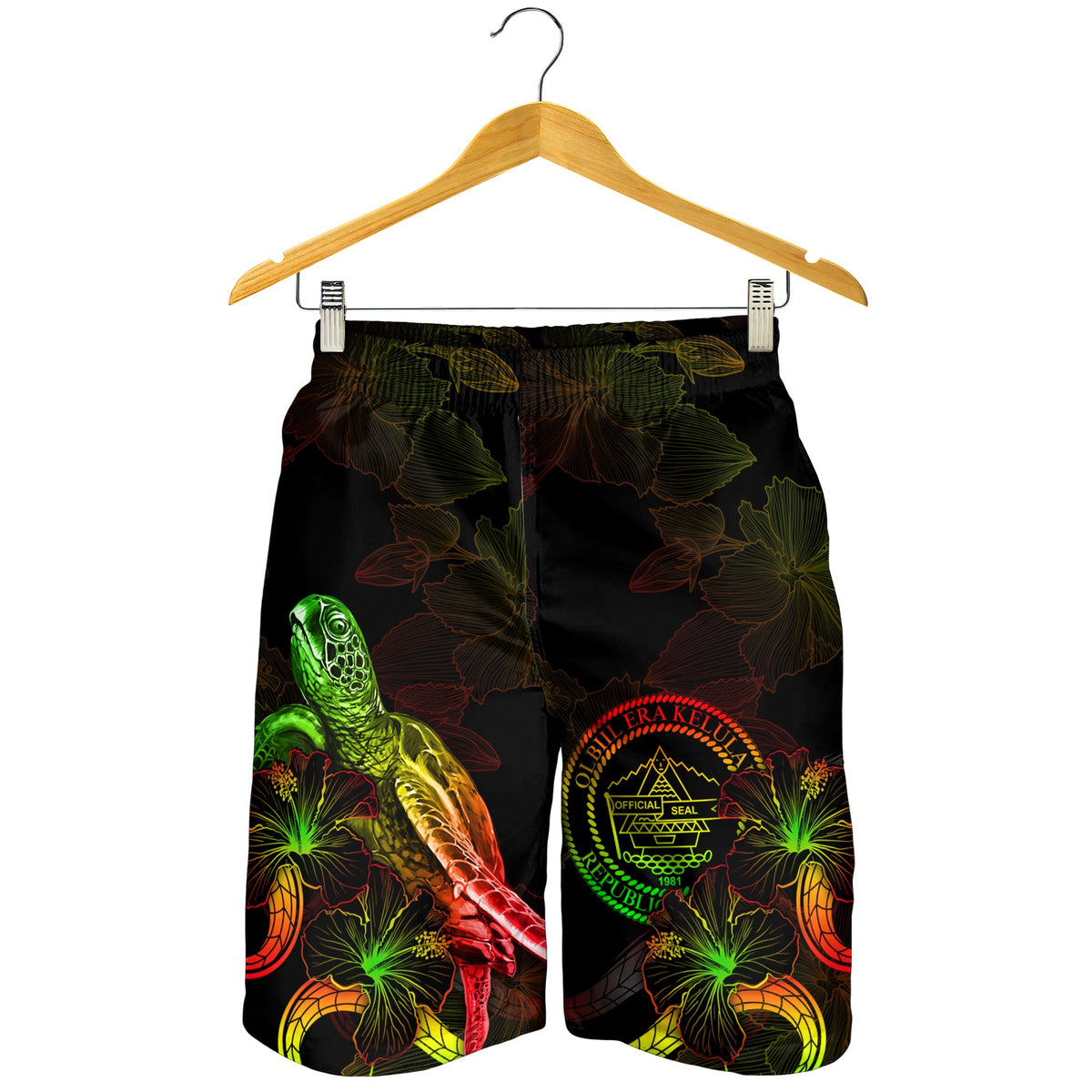 Palau Polynesian Men's Shorts - Turtle With Blooming Hibiscus Reggae - Polynesian Pride