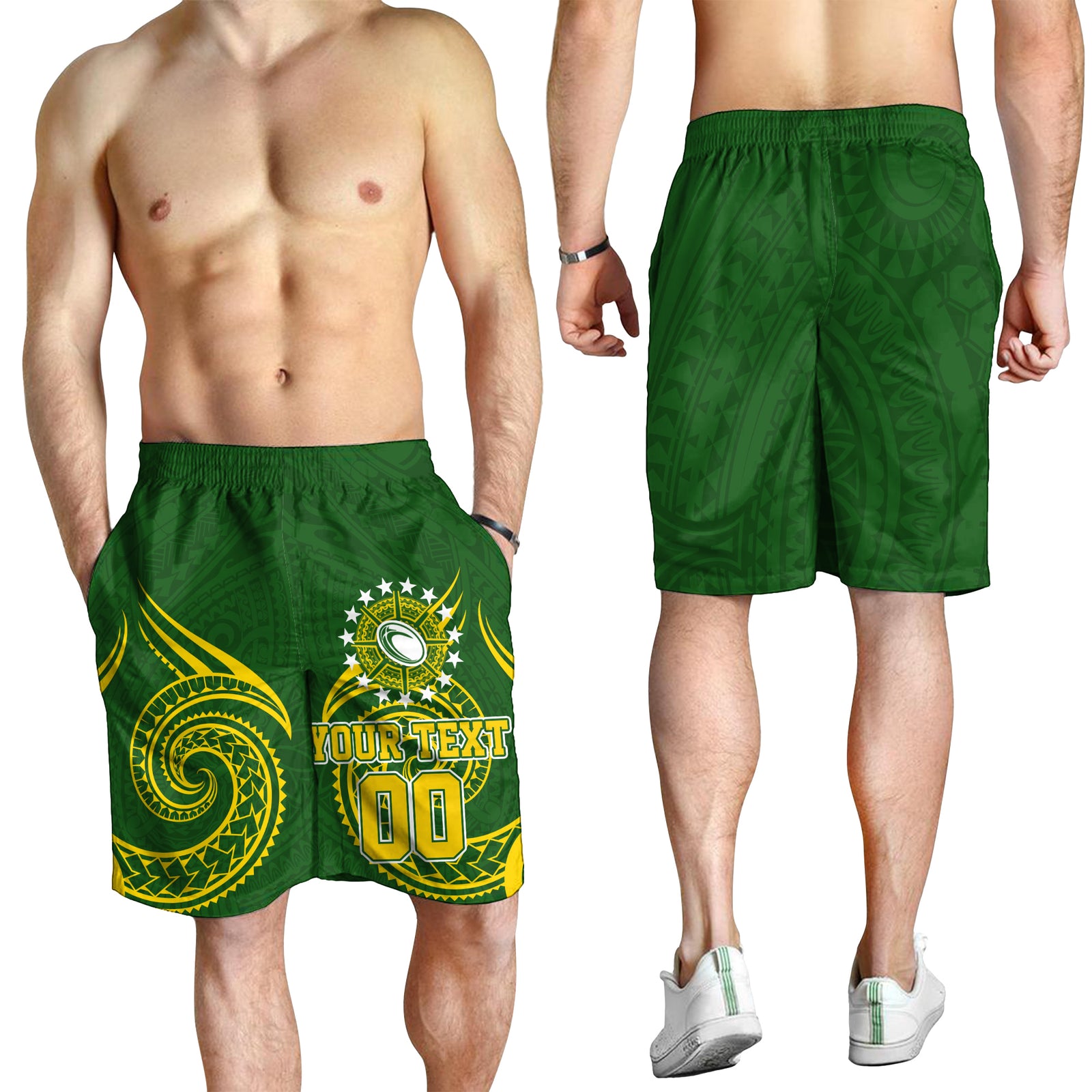 (Custom Personalised) Cook Islands Rugby Men's Short - Tribal Pattern - LT12 Green - Polynesian Pride