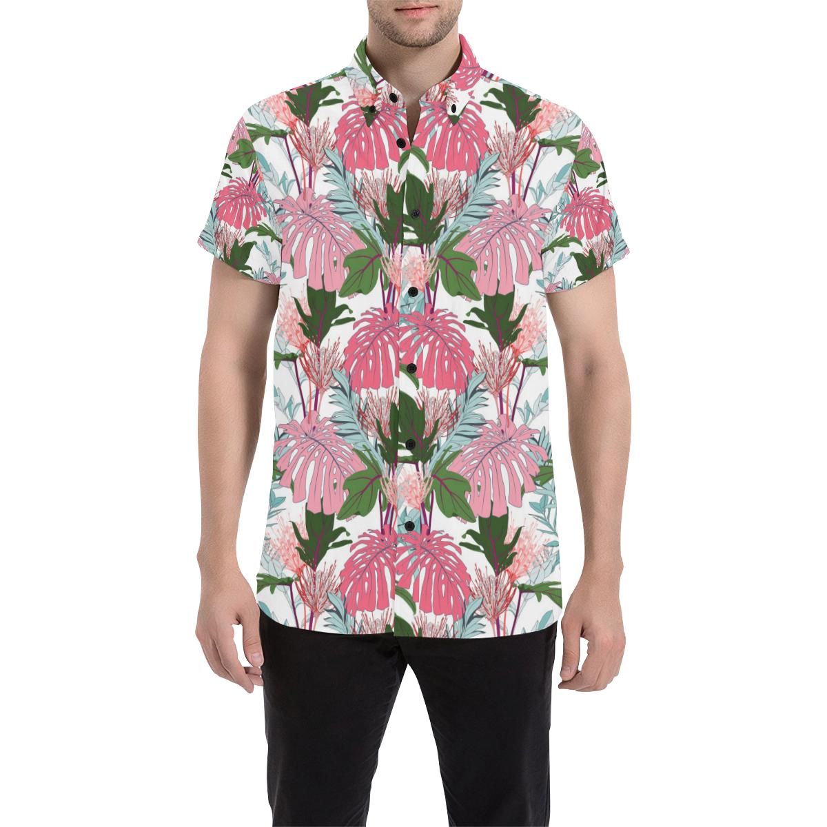 Pink Monstera And Green Tropical Leaves White Shirt Unisex Black - Polynesian Pride