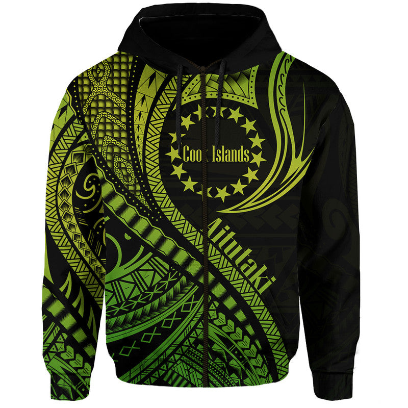 Aitutaki Cook Islands Hoodie Green Polynesian Wave Style LT9 Zip Hoodie Green - Polynesian Pride