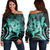 Hawaiian - Hawaii Turtle Hibiscus Polynesian Vintage Women's Off Shoulder Sweater - Turquoise - AH Black - Polynesian Pride