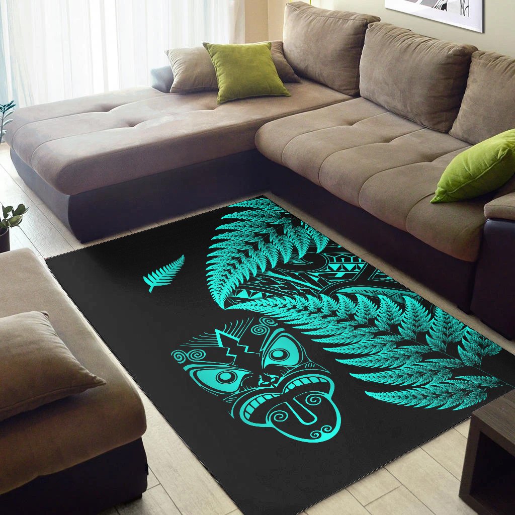 New Zealand Haka Rugby Maori Area Rug Silver Fern Vibes - Turquoise LT8 - Polynesian Pride
