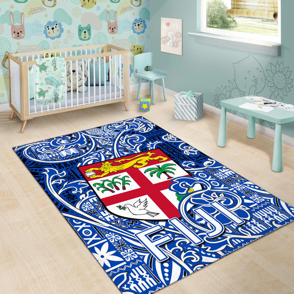 Fiji Area Rug Tapa Patterns White And Blue Style LT6 - Polynesian Pride