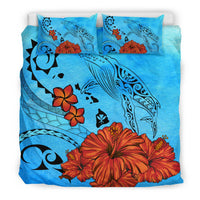 Hawaiian Map Kanaka Whale Hibiscus Plumeria Ocean Background Polynesian Bedding Set - Polynesian Pride
