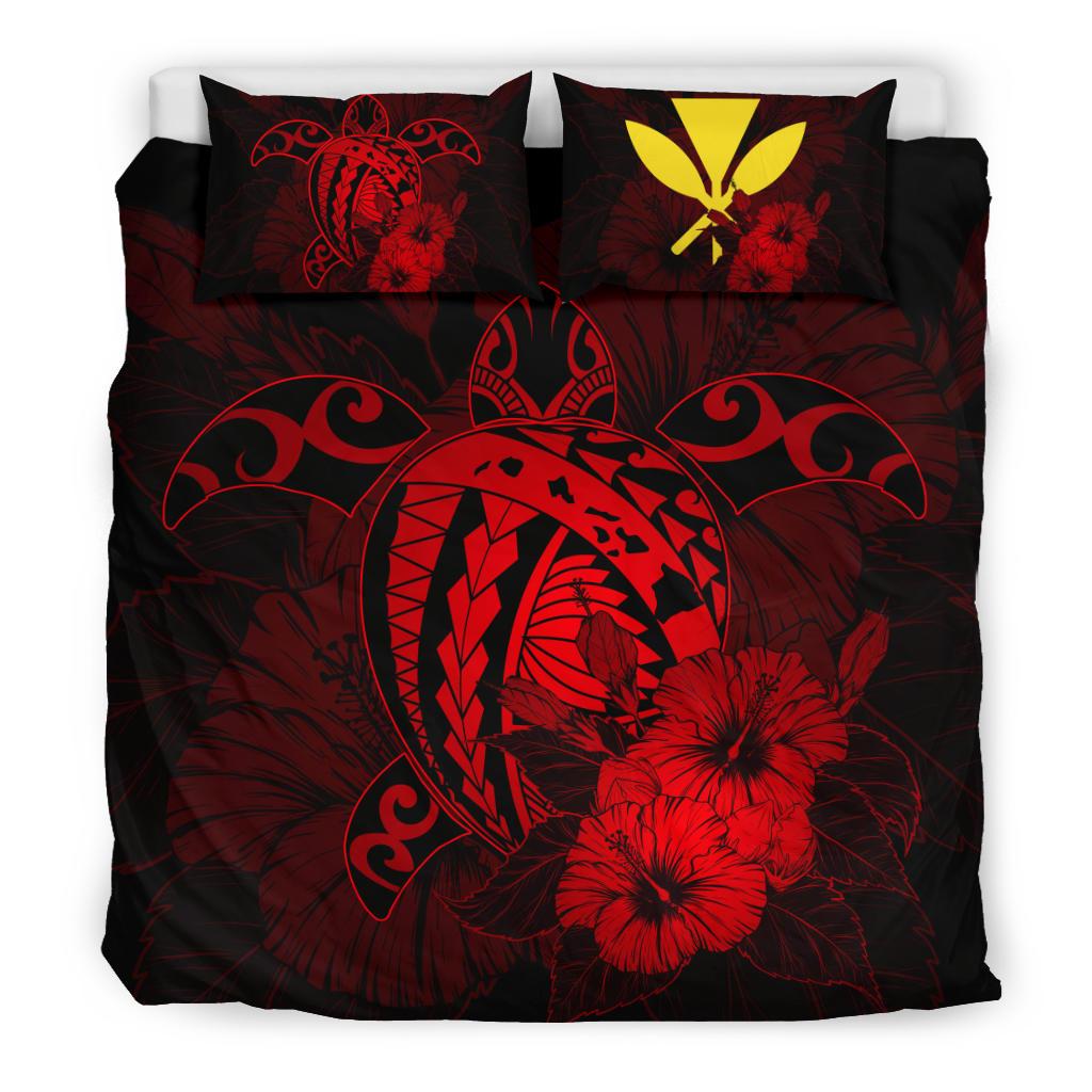 Hawaiian Map Hibiscus Kanaka Polynesian Bedding Set - Harold Turtle - Red - Polynesian Pride