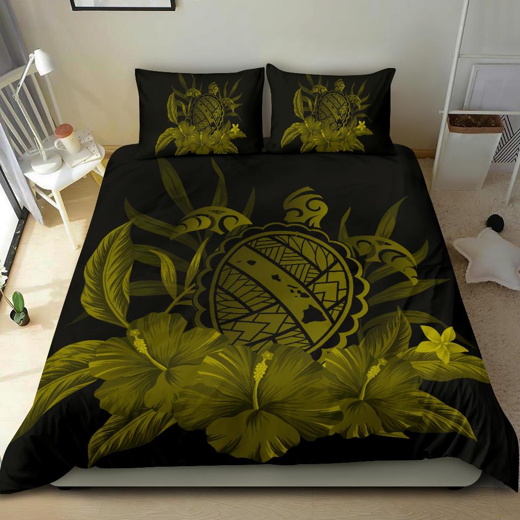 Hawaiian Map Turtle Hibiscus Polynesian Bedding Set - Yellow - Polynesian Pride