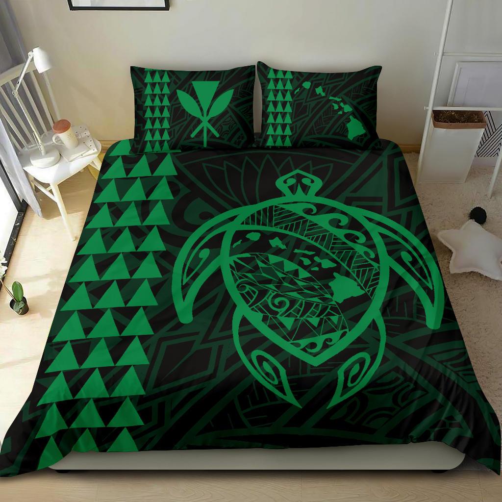 Hawaiian Map Kakau Turtle Kanaka Polynesian Bedding Set - Green - Polynesian Pride