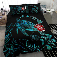 Hawaiian Map Turtle Hibiscus Ohana Honu Paua Shell Bedding Set - Polynesian Pride
