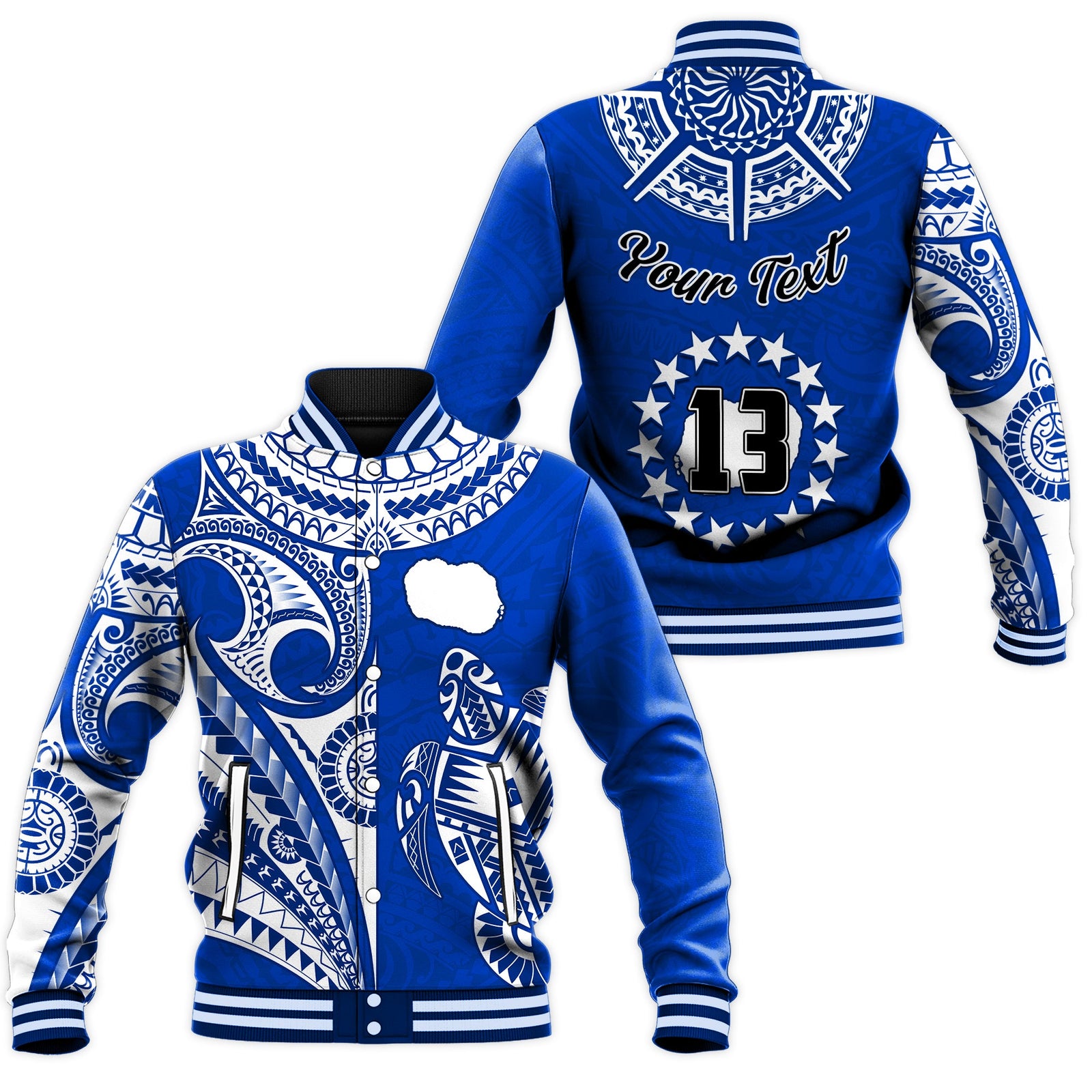 (Custom Text and Number) Rarotonga Cook Islands Baseball Jacket Turtle and Map Style Blue LT13 Unisex Blue - Polynesian Pride