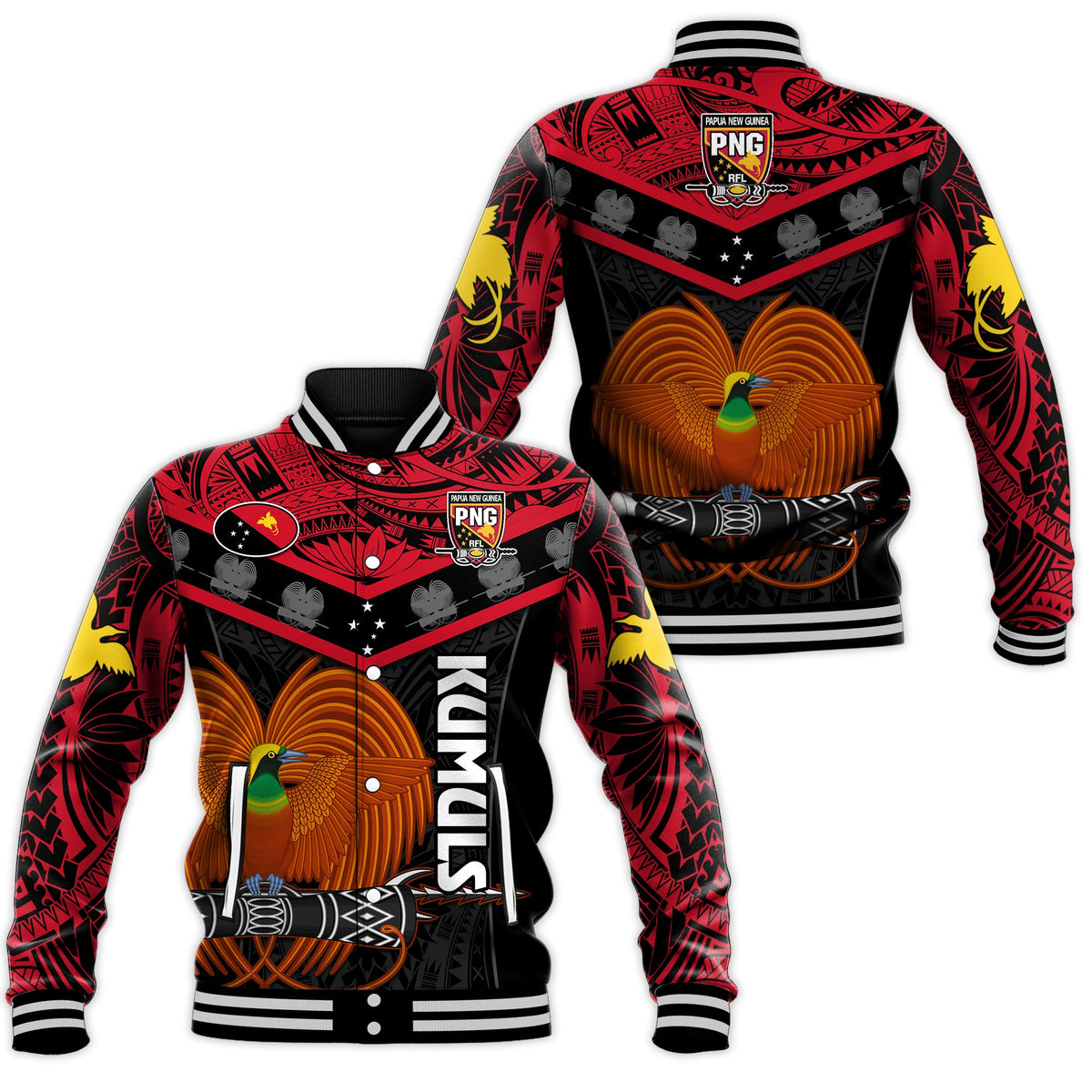 Papua New Guinea Rugby Baseball Jacket PNG Kumuls Bird Of Paradise Black LT14 Unisex Black - Polynesian Pride