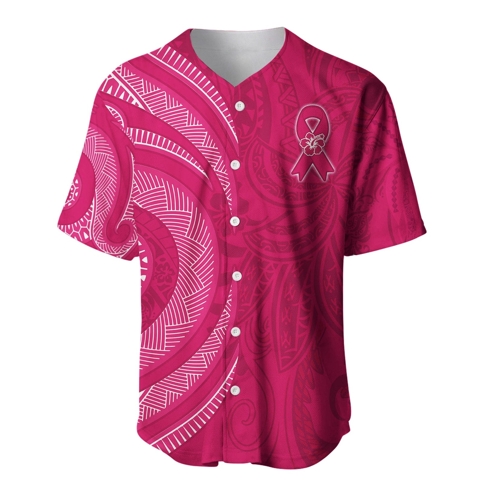 (Custom Personalised) Breast Cancer Awareness Baseball Jersey Hibiscus Polynesian No One Fights Alone LT13 Pink - Polynesian Pride