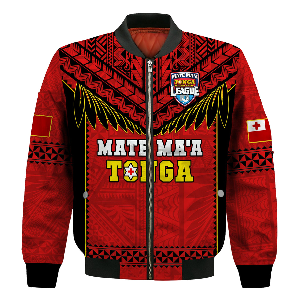 (Custom Text And Number) Tonga Rugby Bomber Jacket Mate Maa Tonga Pacific Ngatu Black LT14 - Polynesian Pride