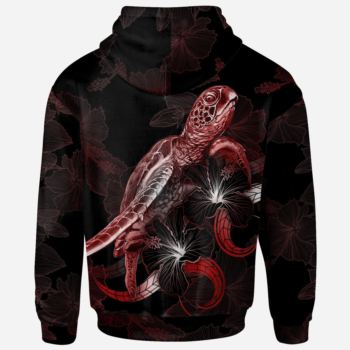 CNMI Polynesian Hoodie Turtle With Blooming Hibiscus Red - Polynesian Pride