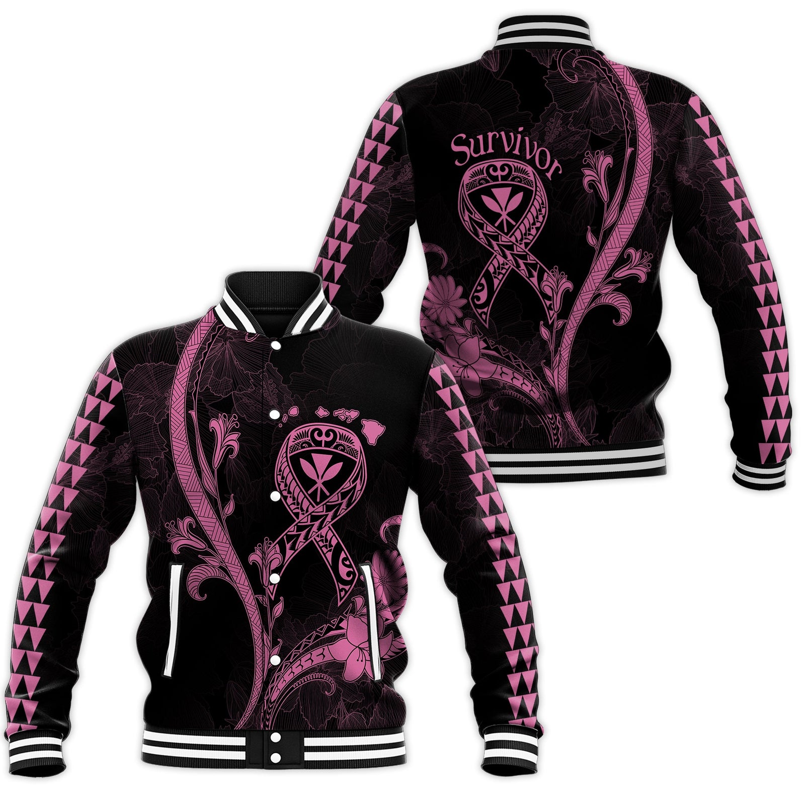 Hawaii Baseball Jacket Breast Cancer Survivor Mix Hibiscus LT7 Unisex Black - Polynesian Pride