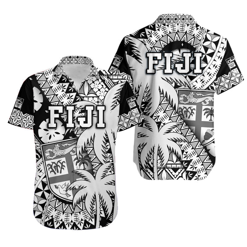 Fiji Matching Hawaiian Shirt and Dress Coat Of Arms with Masi Tapa Mixed Palm Tree No1 Black Version LT9 - Polynesian Pride