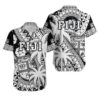 Fiji Matching Hawaiian Shirt and Dress Coat Of Arms with Masi Tapa Mixed Palm Tree No1 Black Version LT9 - Polynesian Pride