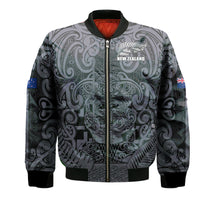 (Custom Text And Number) New Zealand Taiaha Maori Bomber Jacket Minimalist Silver Fern All Black LT9 Unisex Black - Polynesian Pride