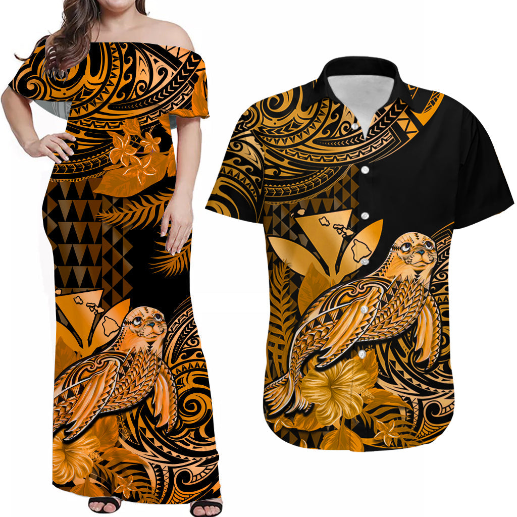 Custom Hawaii Monk Seal Matching Dress and Hawaiian Shirt Kakau with Kanaka Gold LT14 Gold - Polynesian Pride