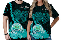 Custom FSM Valentine Couple T Shirt Heart Love Tropical Flowers Turquoise LT14 No Men - Polynesian Pride