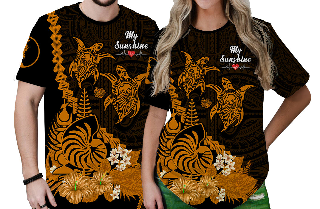 Custom New Caledonia Valentine Couple T Shirt My Sunshine Polynesia Turtle Gold LT14 No Men - Polynesian Pride
