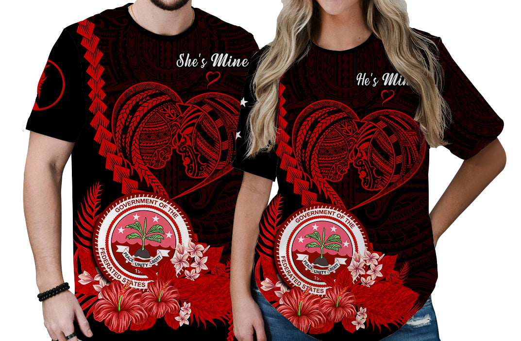 Custom FSM Valentine Couple T Shirt Heart Love Tropical Flowers Red LT14 No Men - Polynesian Pride