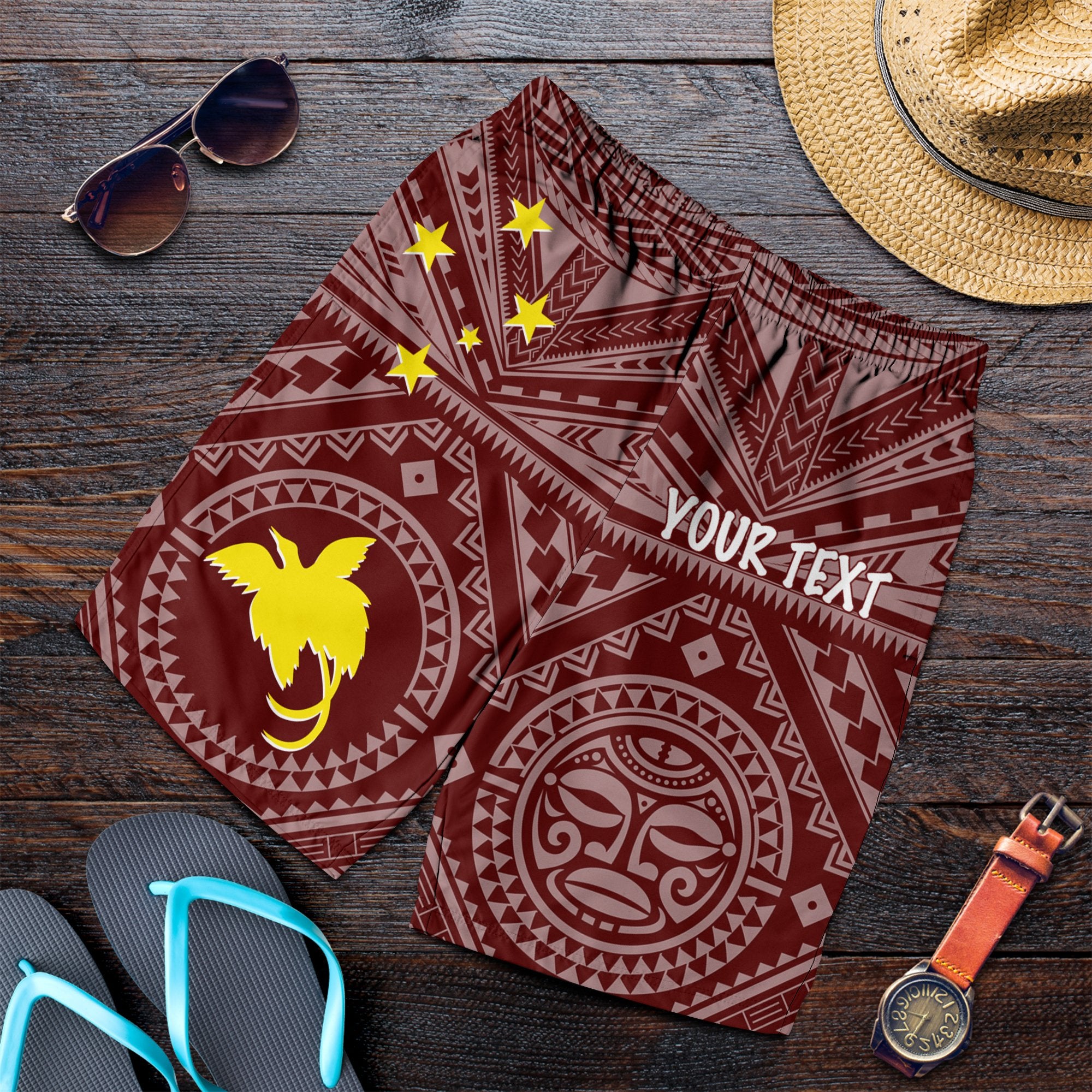 Papua New Guinea Personalised Men's Short - Flag With Polynesian Patterns (Red) - Polynesian Pride