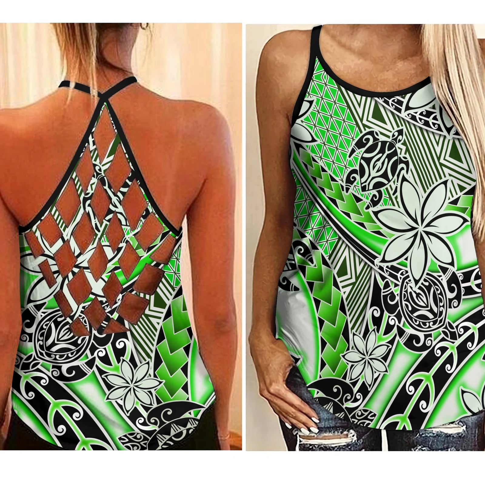 Hawaii Criss Cross Tank Top Tribal Plumeria With Polynesian Turtle Ver.01 LT14 Female Green - Polynesian Pride