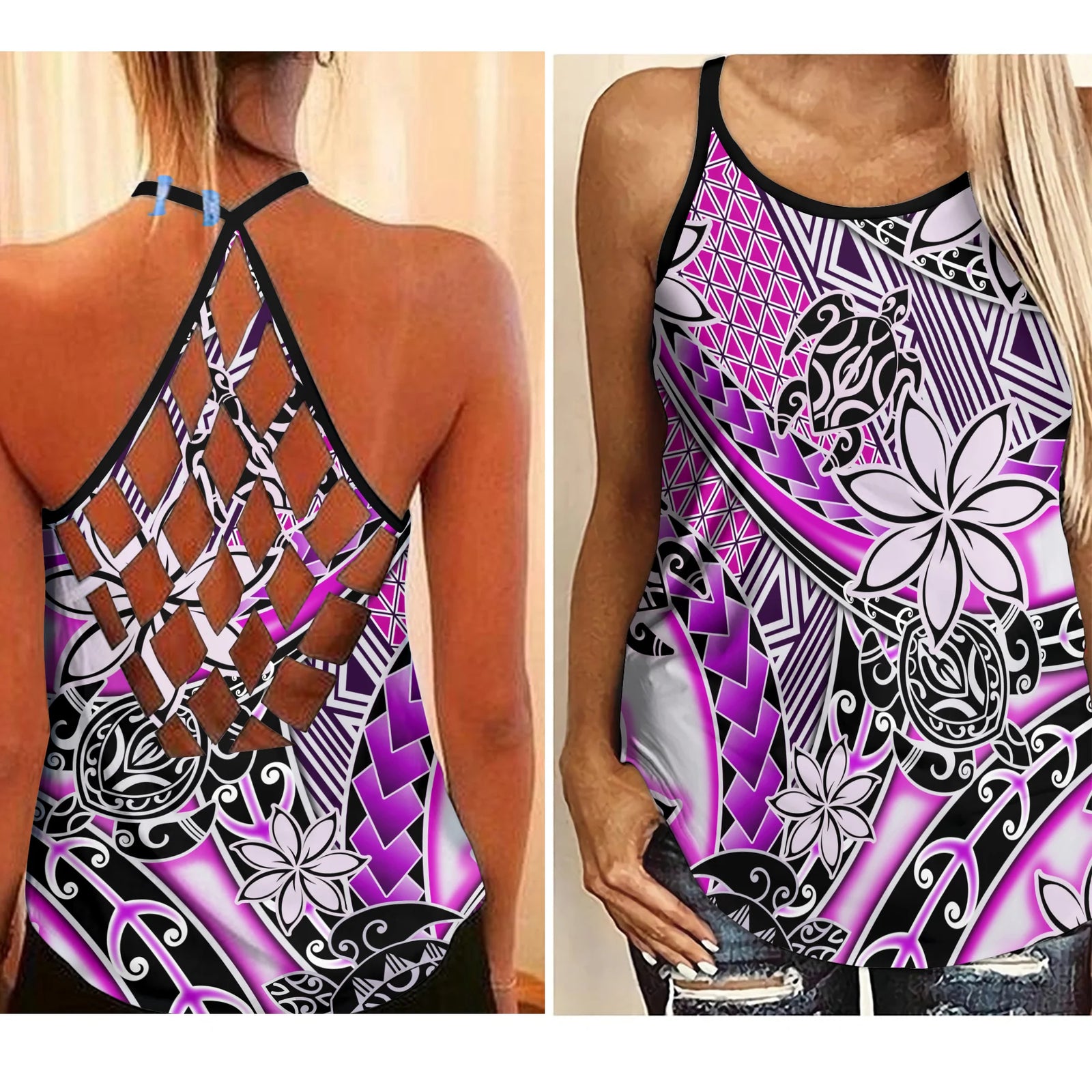 Hawaii Criss Cross Tank Top Tribal Plumeria With Polynesian Turtle Ver.02 LT14 Female Purple - Polynesian Pride
