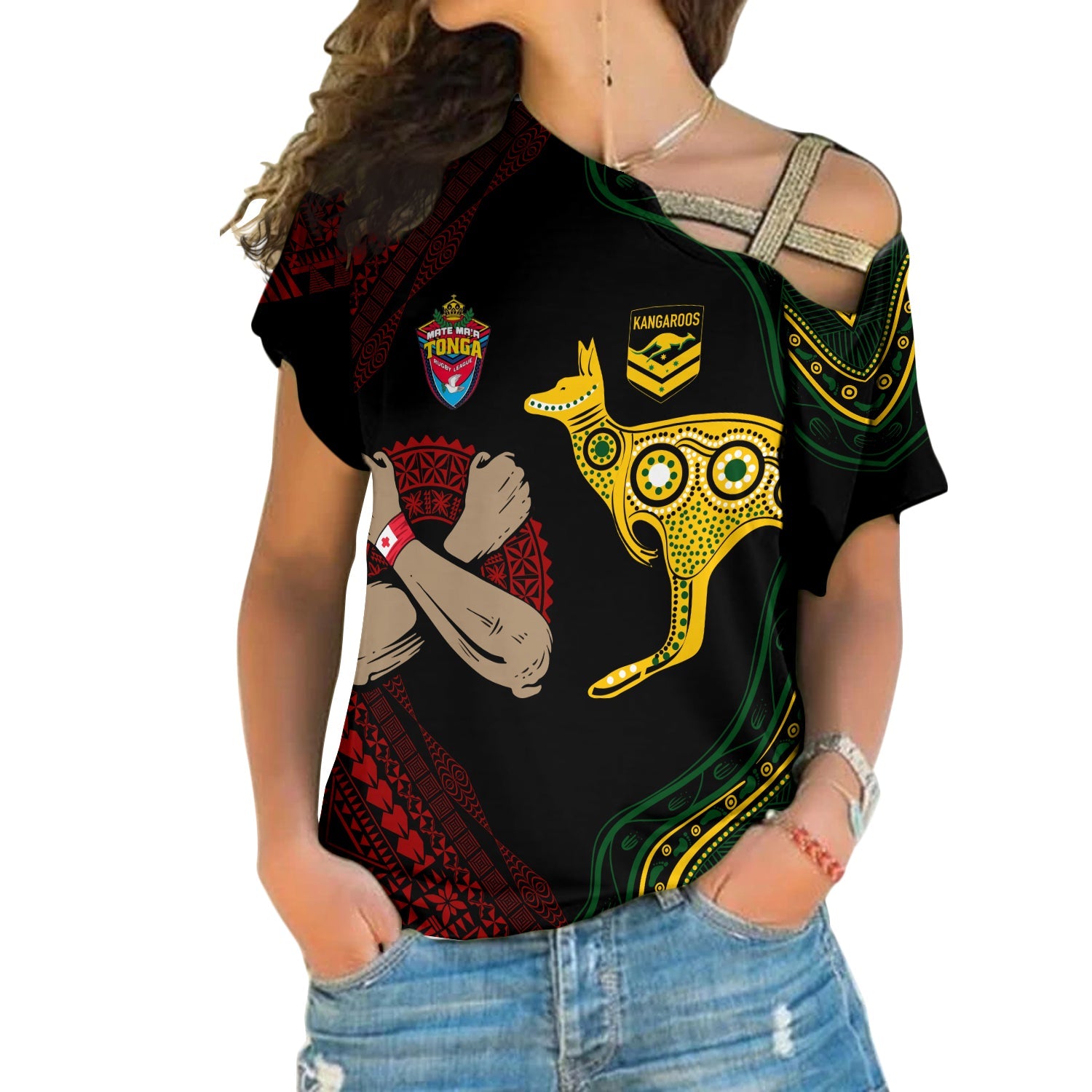 Personalised Aussie Kangaroos Mix Mate Maa Tonga Cross Shoulder Shirt Aboriginal with Kupesi LT7 Female Black - Polynesian Pride