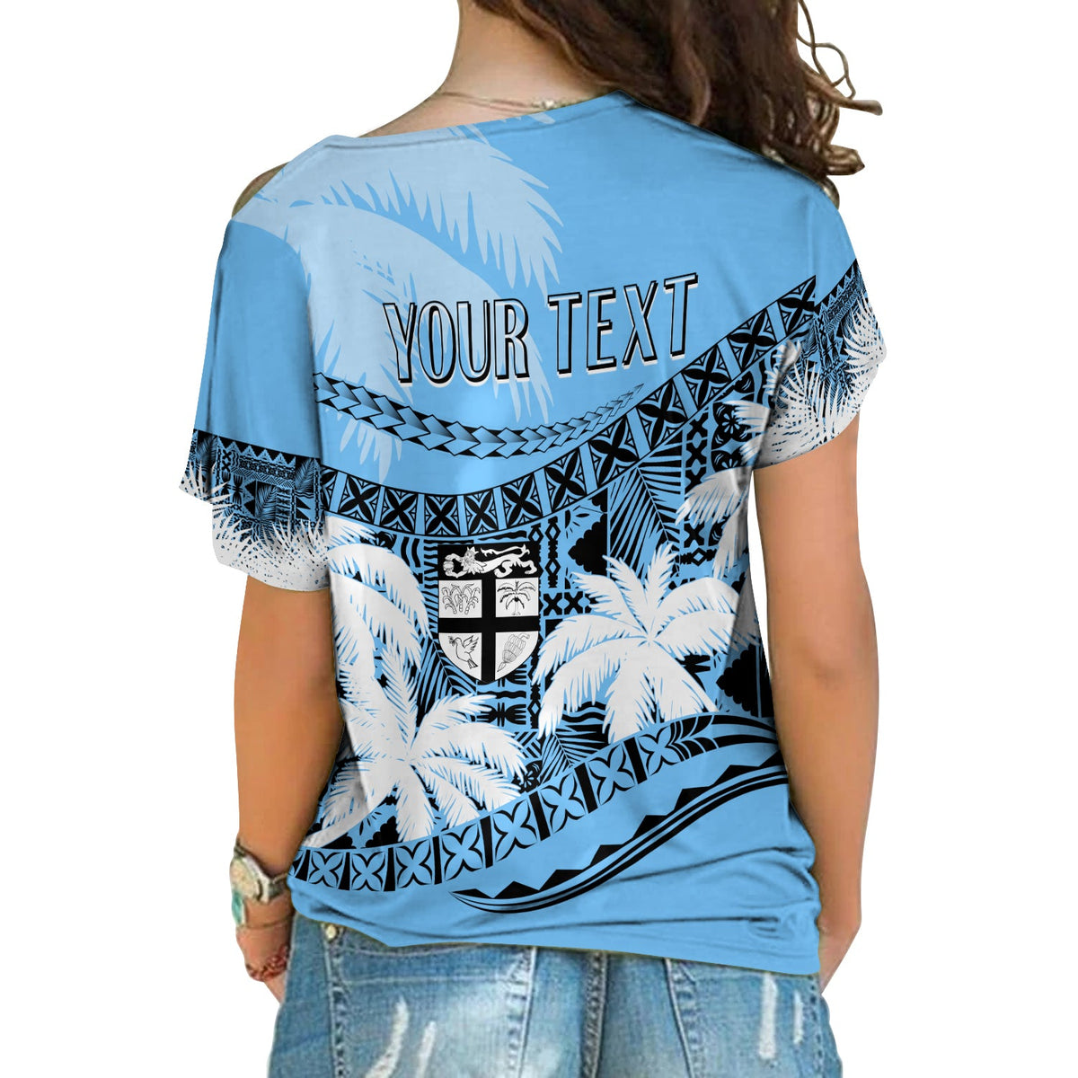Personalised Fiji Day Cross Shoulder Shirt Flying Fijians Masi Kesa Style - Turquoise LT7 - Polynesian Pride