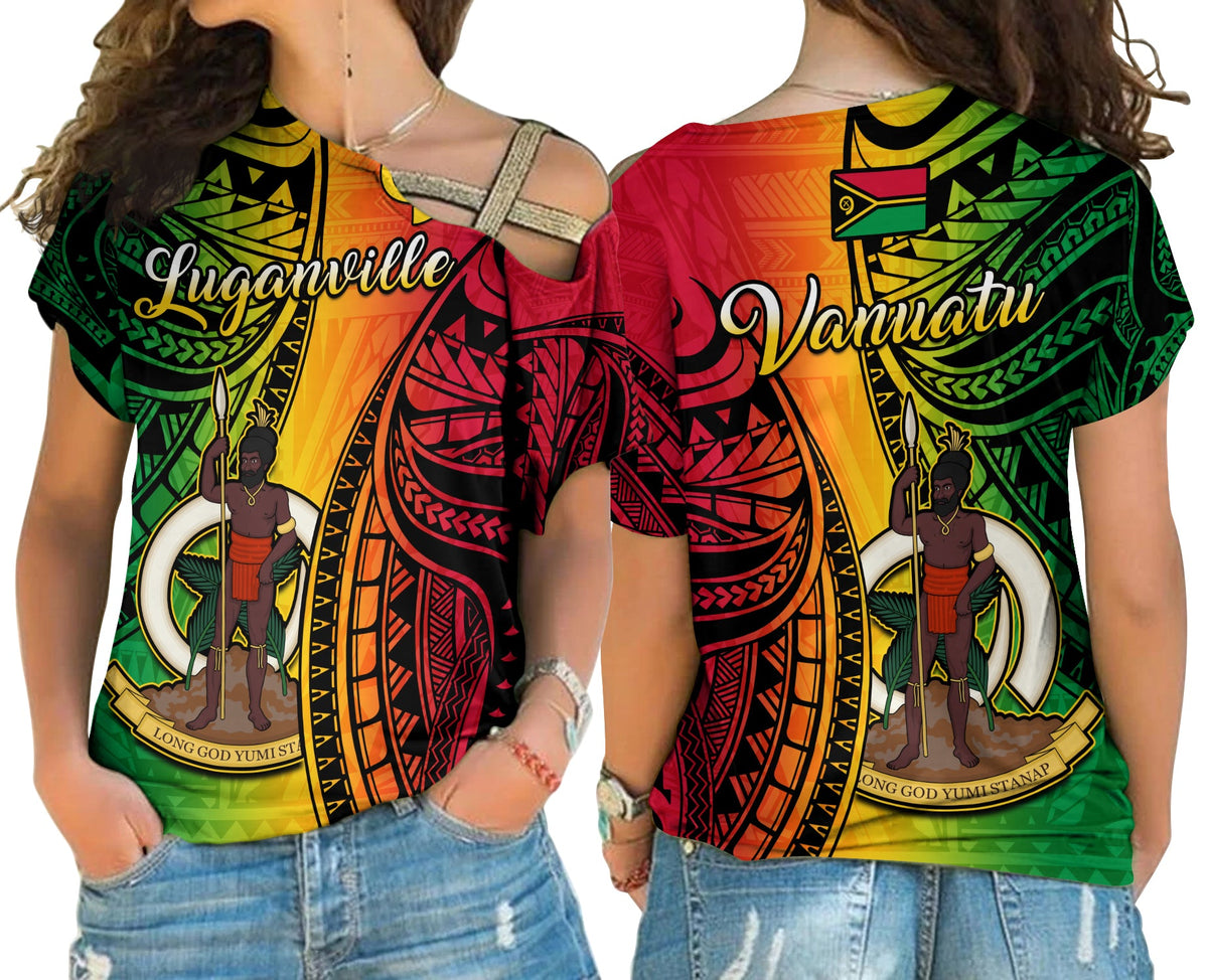 Vanuatu Cross Shoulder Shirt Luganville Polynesian Reggae Coat Of Arms LT14 Female Reggae - Polynesian Pride