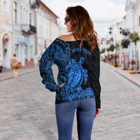 Hawaii Polynesian Off Shoulder Sweater Blue Sea Turtles Hawaiian LT13 - Polynesian Pride