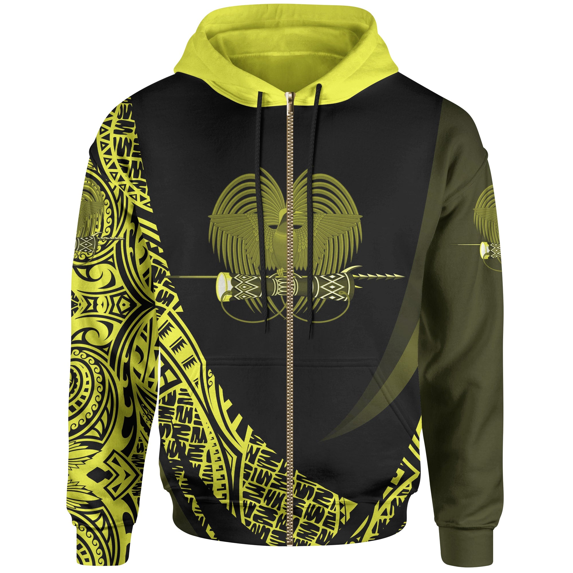Papua New Guinea Zip Hoodie Yellow Polynesian Patterns Sport Style Unisex Black - Polynesian Pride