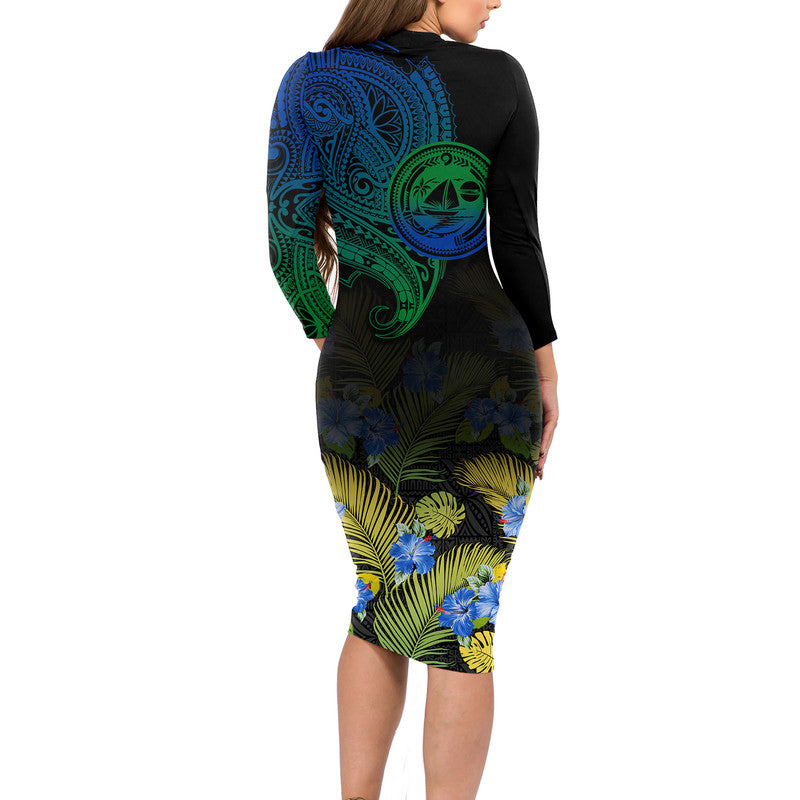 Vanuatu Malampa Province Long Sleeve Dress Hibiscus Tribal Polynesian Tattoo Ver Gradient LT9 - Polynesian Pride