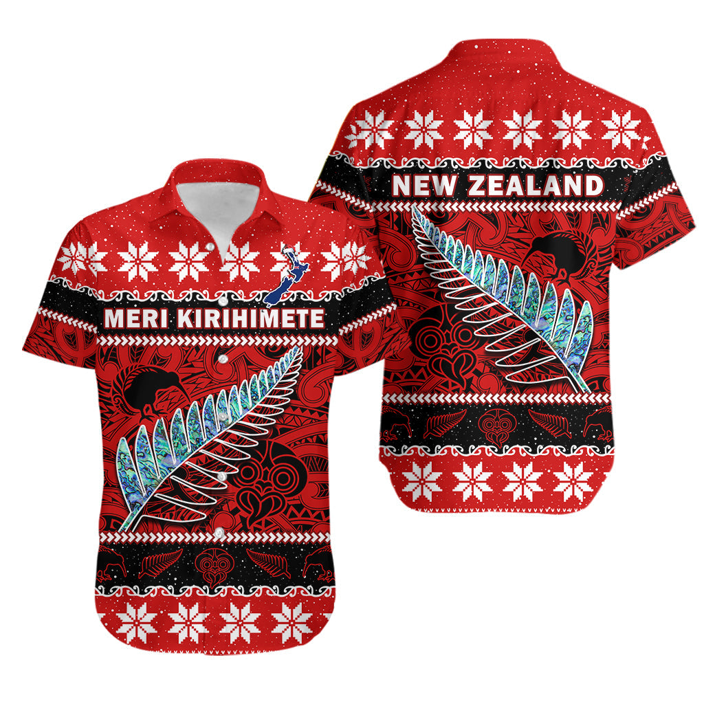 New Zealand Christmas Hawaiian Shirt Paua Shell Silver Fern Meri Kirihimete LT14 Red - Polynesian Pride