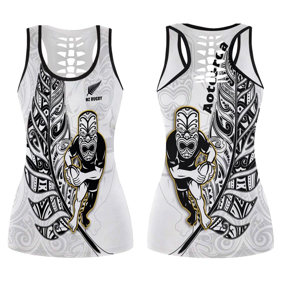 New Zealand Silver Fern Rugby Hollow Tank Top All Black Maori Version White LT14 Female White - Polynesian Pride