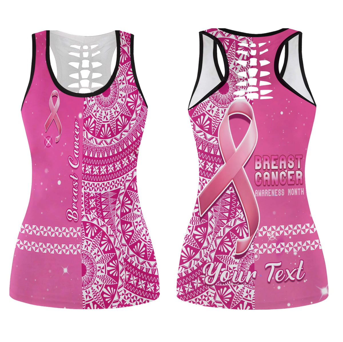 (Custom Personalised) Tonga Breast Cancer Hollow Tank Top Tongan Ngatu Pattern No One Fights Alone LT14 Female Pink - Polynesian Pride