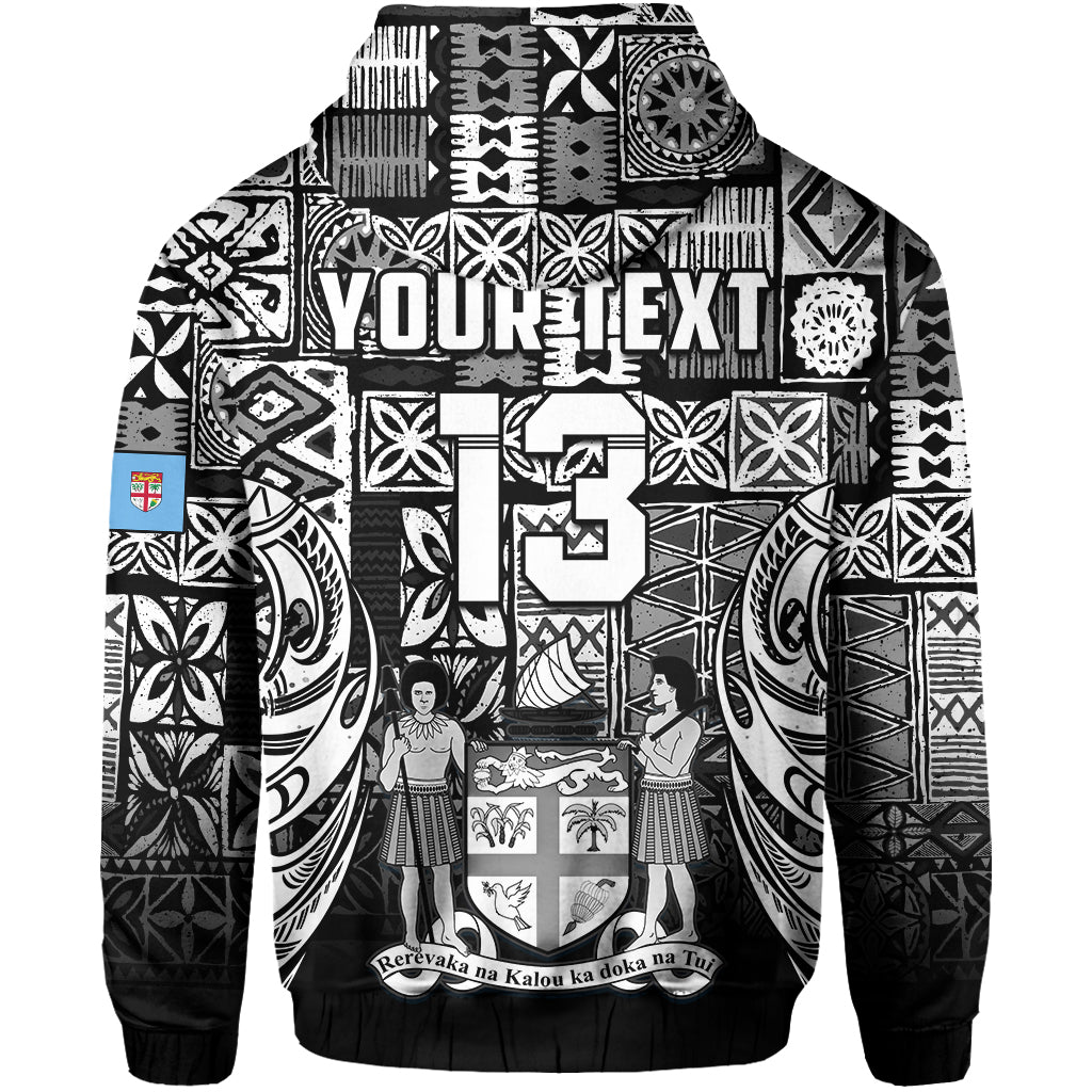 (Custom Text and Number) Fiji Rugby Zip Hoodie Flying Fijians Black Tapa Pattern LT13 - Polynesian Pride