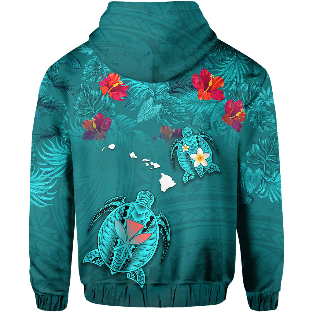 Hawaiian Islands Zip Hoodie Hawaii Tropical Flowers and Turtles Turquoise LT13 - Polynesian Pride