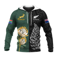 (Custom Text and Number) South Africa Protea and New Zealand Fern Hoodie Rugby Go Springboks vs All Black LT13 - Polynesian Pride