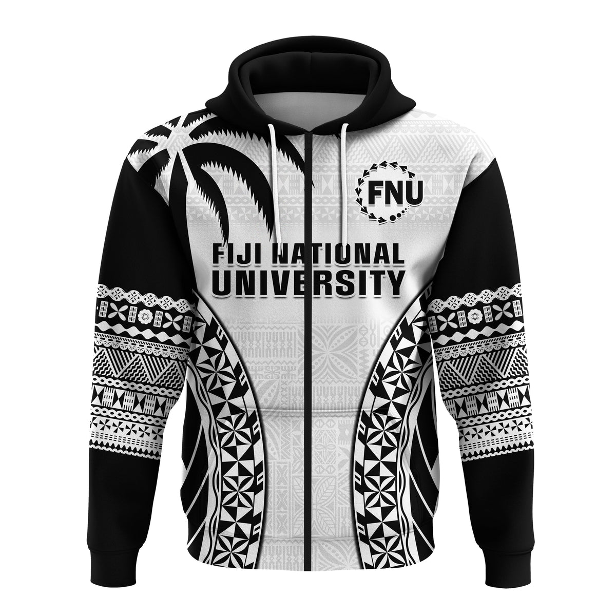 Custom Fiji University Hoodie National Fijian Tapa Pattern White LT14 Zip Hoodie White - Polynesian Pride