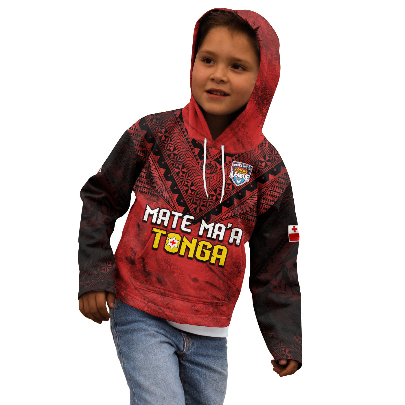 Tonga Rugby MMT Hoodie KID Ngatu Mate Maa Tonga Grunge LT13 Red - Polynesian Pride