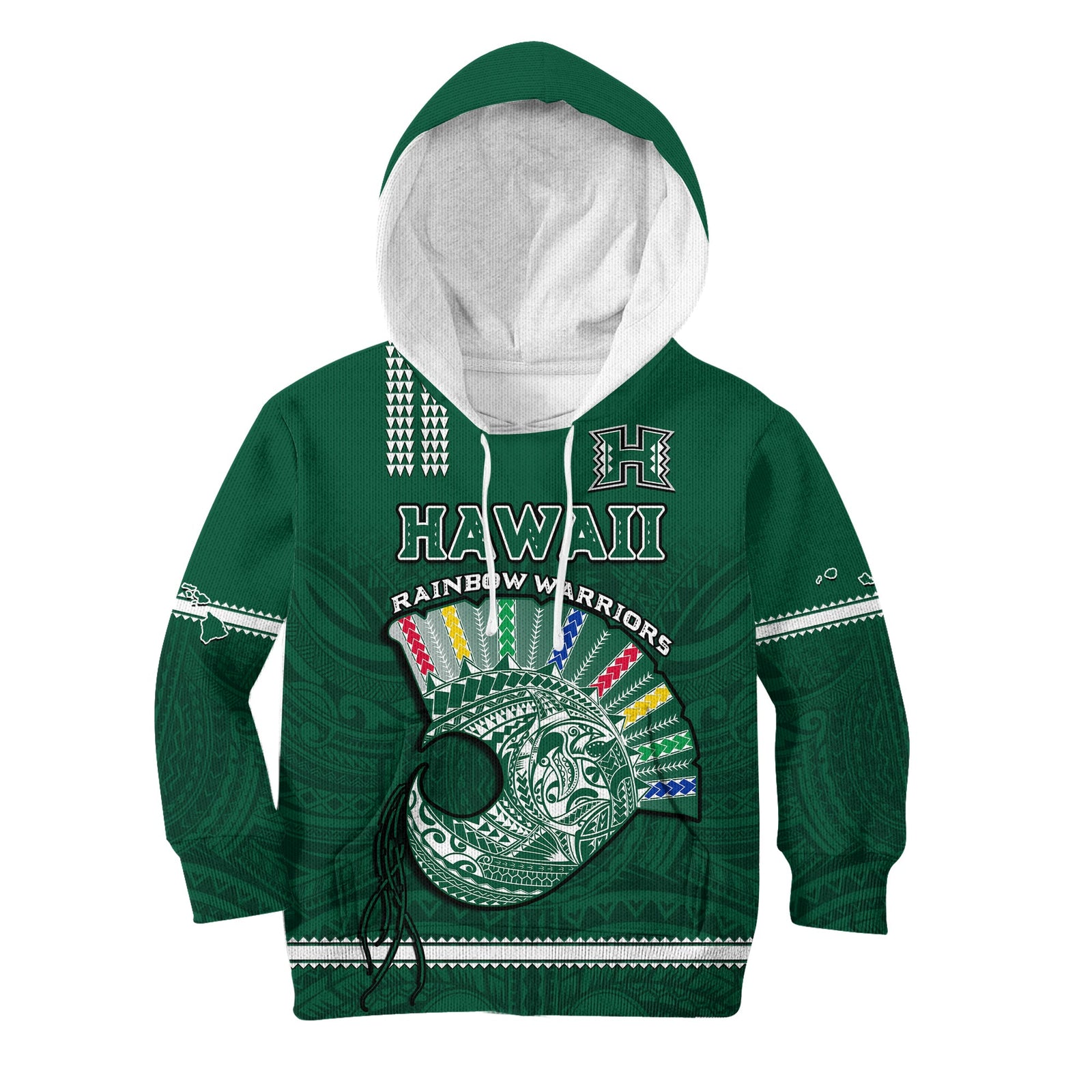 Hawaii Football Hoodie KID Kakau Rainbow Warriors Helmet Go Bows LT14 Green - Polynesian Pride