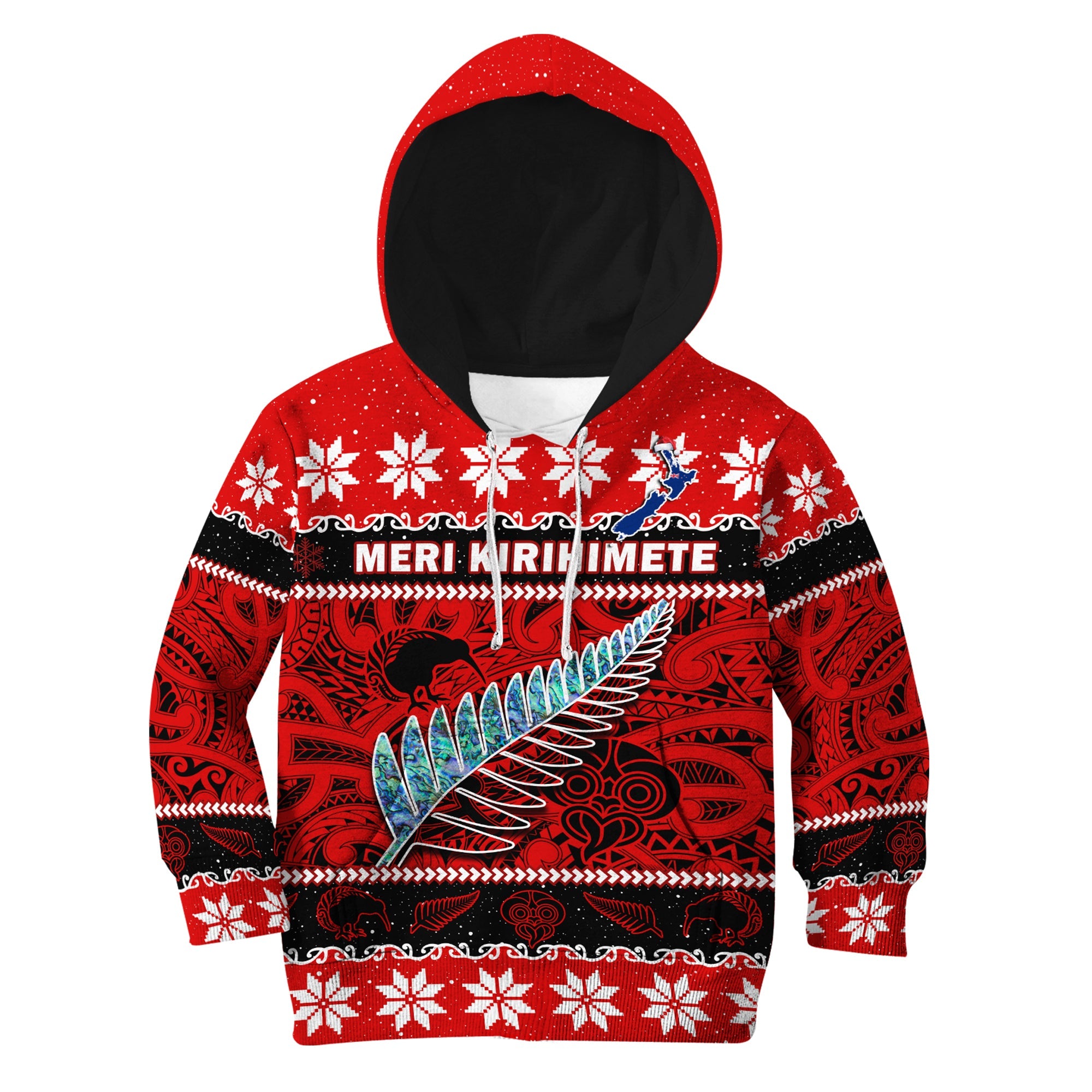 New Zealand Christmas Hoodie KID Paua Shell Silver Fern Meri Kirihimete LT14 Red - Polynesian Pride