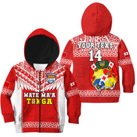 (Custom Text And Number) Tonga Rugby Hoodie KID Mate Maa Tonga Pacific Ngatu White LT14 Zip Hoodie Red - Polynesian Pride