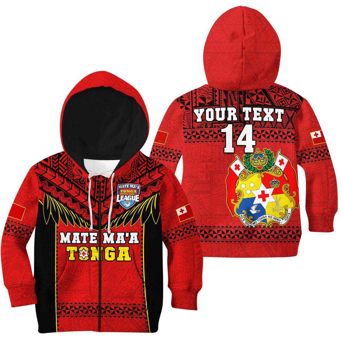 (Custom Text And Number) Tonga Rugby Hoodie KID Mate Maa Tonga Pacific Ngatu Black LT14 Zip Hoodie Red - Polynesian Pride